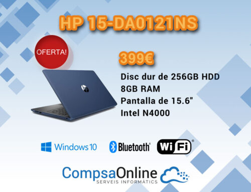 Portàtil HP model 15-DA0121NS (15,6”, Intel Celeron N4000 1,1GHz 2 nuclis, 8GB RAM DDR4, HDD 256GB)