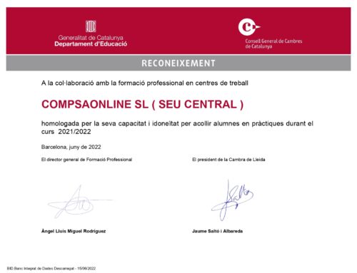 Reconeixement a CompsaOnline per la capacitat d’acollir alumnes en pràctiques
