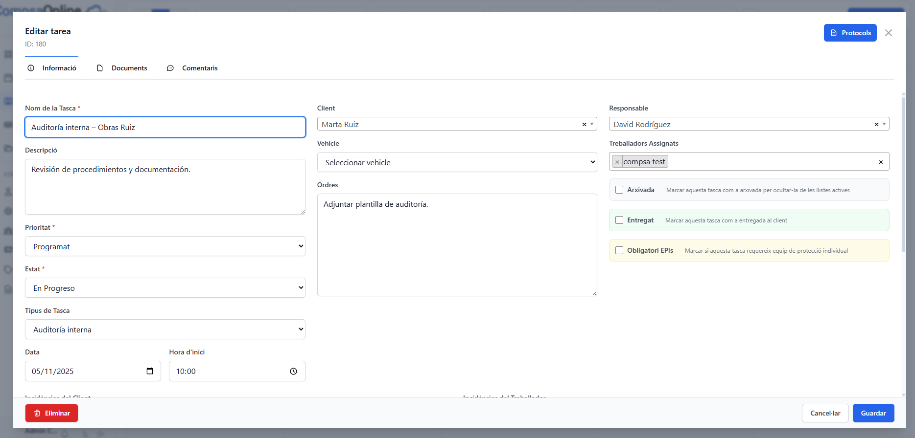 Modal Editar Tasca - Informació
